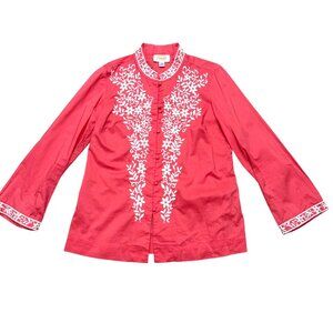 Talbots Women's Tunic Top Shirt P XSP Petite Red Embroidered Floral Button-Up